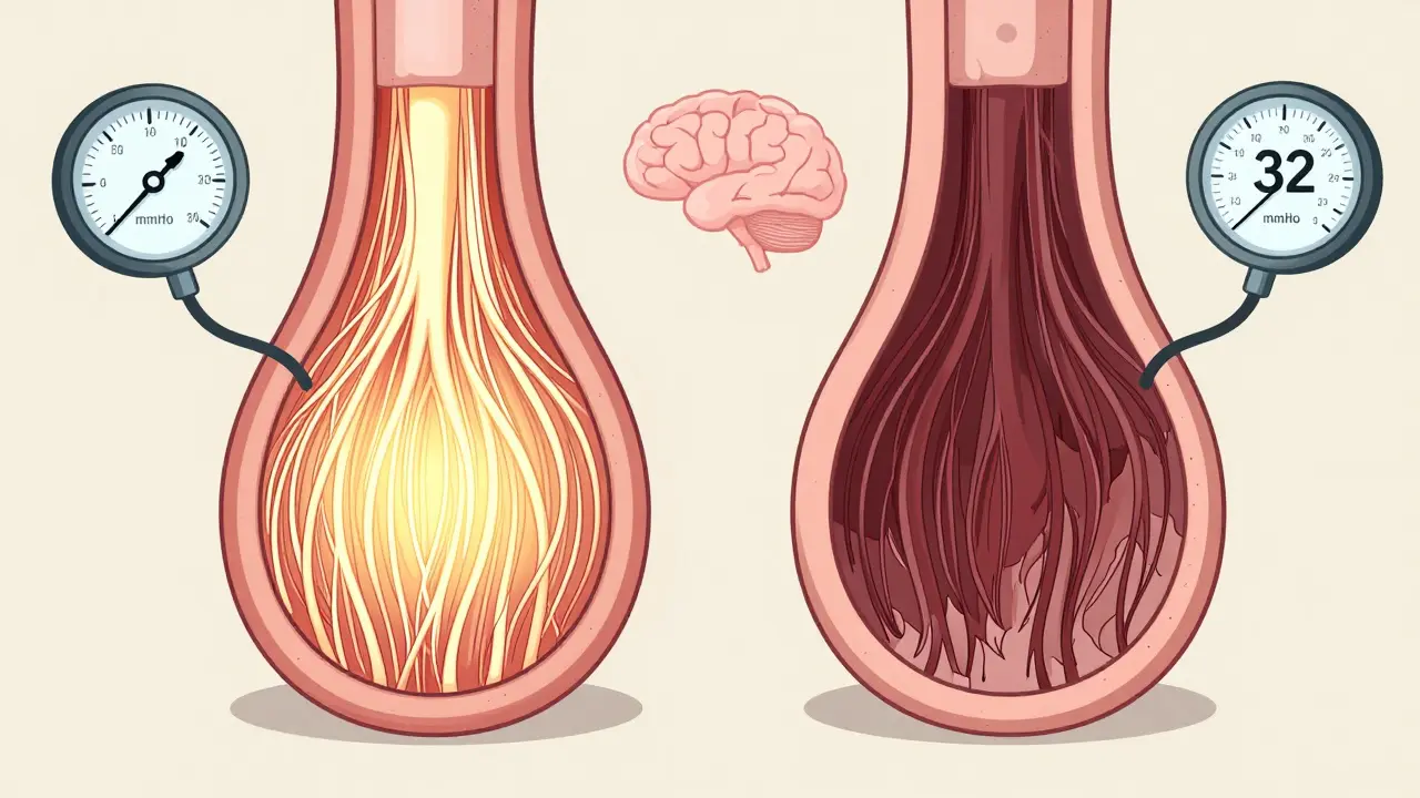 Side-by-side healthy and damaged optic nerves with pressure readings