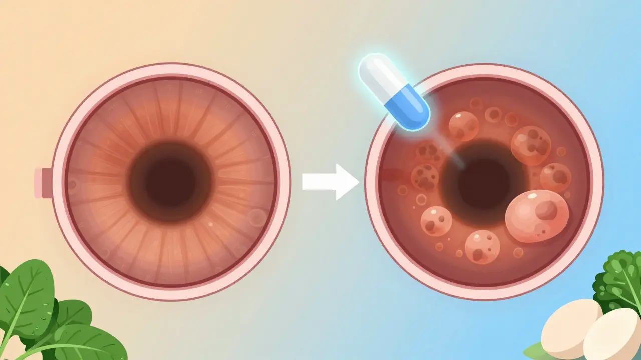 Side-by-side retinas: healthy vs. intermediate AMD with AREDS2 pill slowing progression.