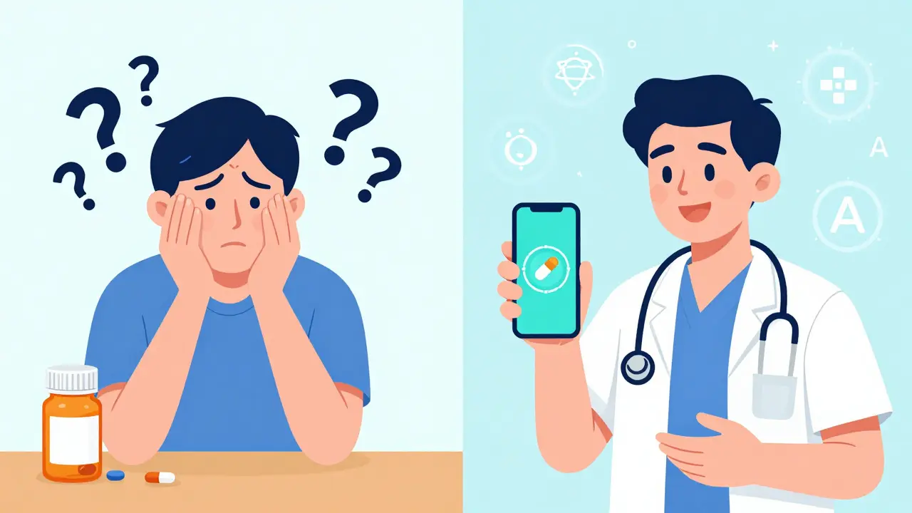 Split image showing patient's anxiety turning to confidence with digital pharmacy tools.