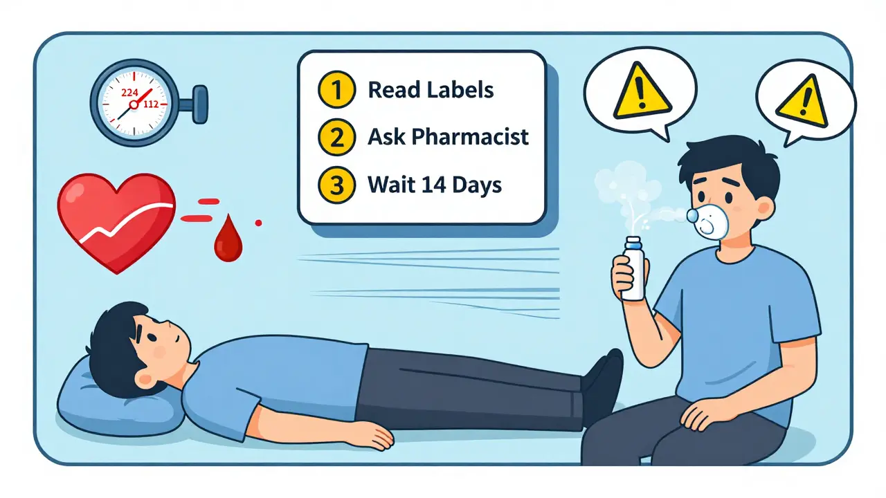 Split scene: person collapsing from hypertensive crisis vs. safely using humidifier with safety checklist above.