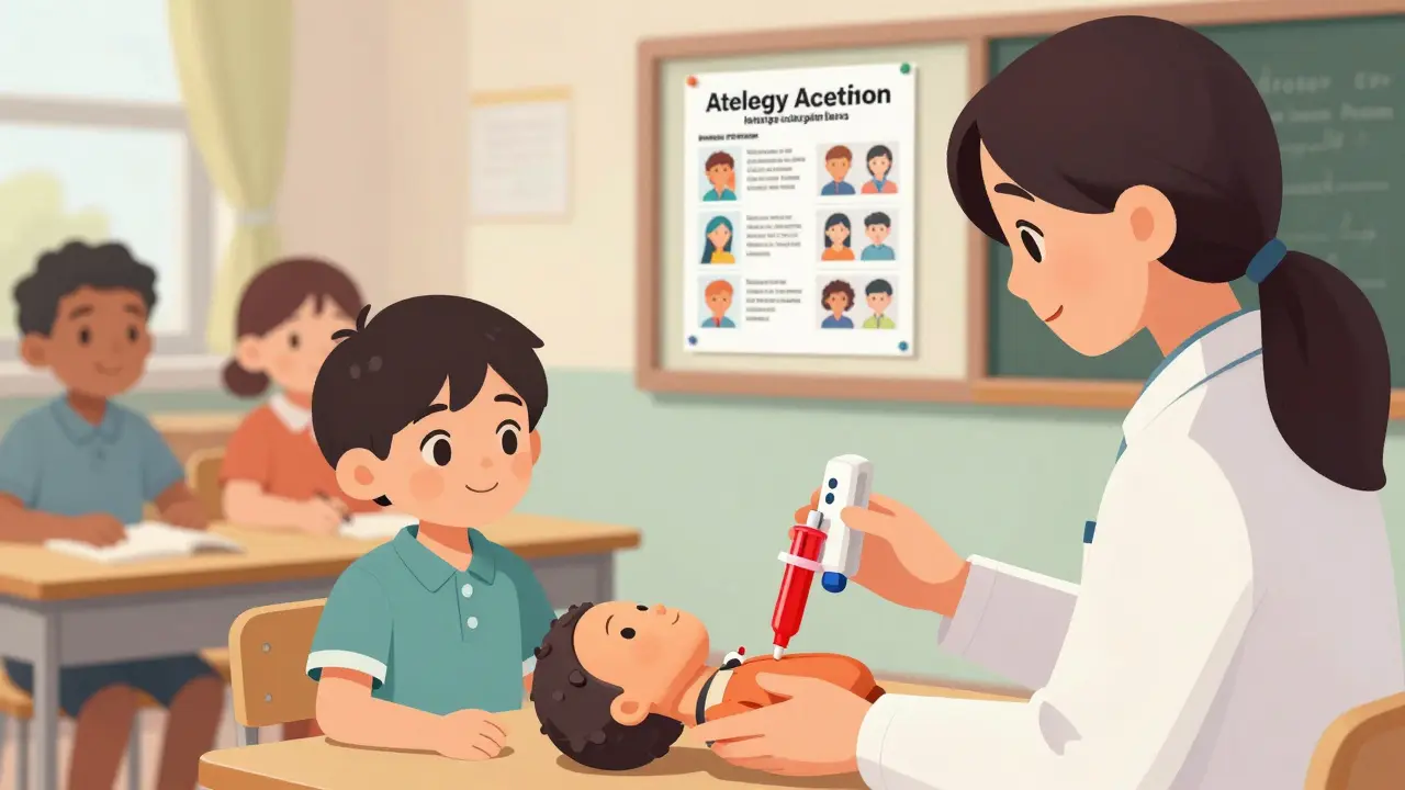 Teacher demonstrating epinephrine injection on a dummy in a classroom with a symptom poster.