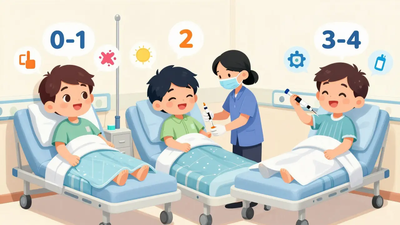 Three patients in a hospital room with different risk levels receiving tailored antiemetic treatments.