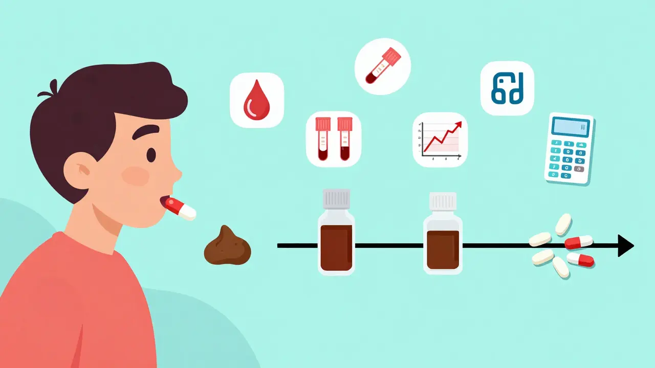 Timeline of medication changes post-bariatric surgery with testing and dosing tools.