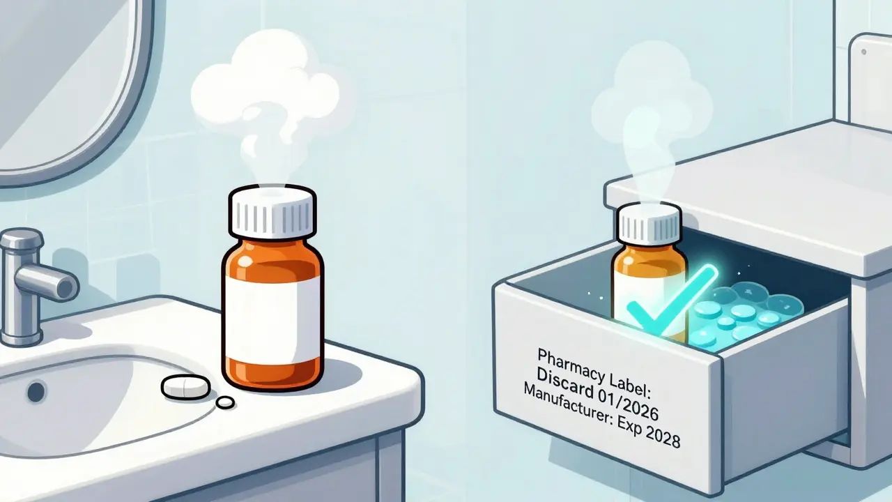 Two medicine bottles side by side: one in a hot bathroom, one in a cool drawer, showing proper vs improper storage.