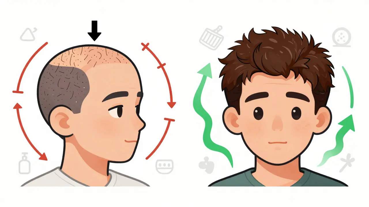 Two patients side by side: one with hair loss from tacrolimus, the other with hair growth from cyclosporine, showing opposing biological effects.