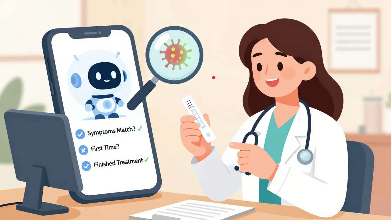 Woman receiving diagnosis with AI checklist and shrinking yeast infection icon