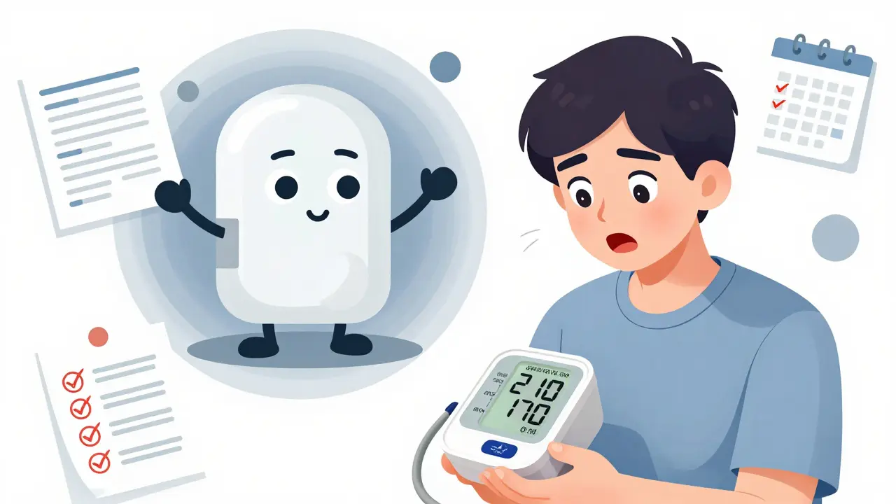 Young adult shocked by high blood pressure reading on home monitor, with venlafaxine pills casting a warning shadow.