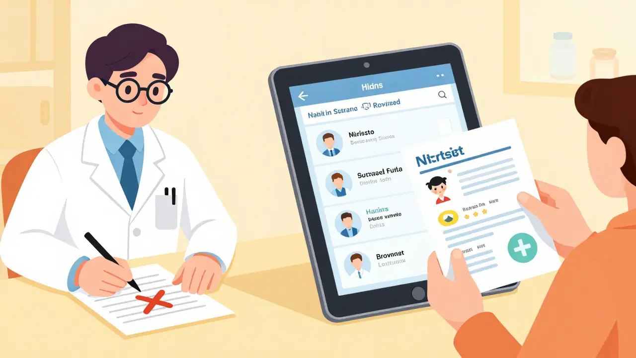 A doctor's handwritten prescription crossed out beside an electronic system showing drug interaction alerts and patient education.