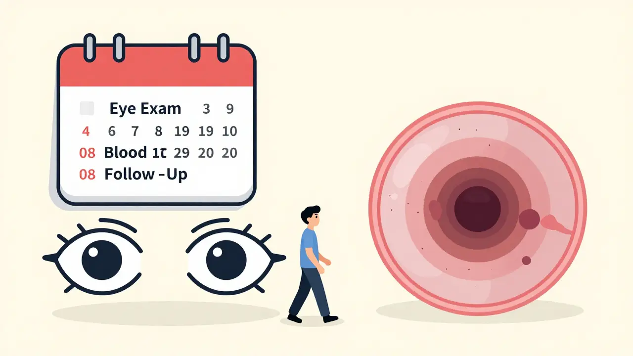 A person hesitating between healthy and damaged vision, with medical checkup icons floating above, symbolizing delayed care.