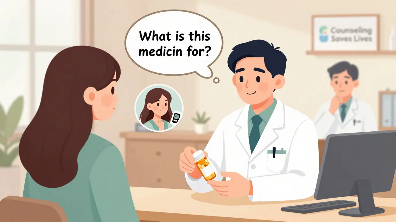 A pharmacist asks a patient what their medication is for, preventing a mix-up as a thought bubble reveals the correct patient.