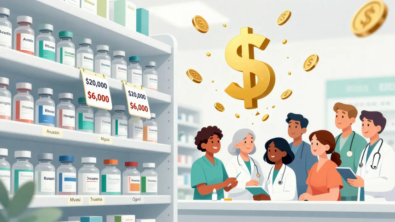 A pharmacy shelf showing brand-name drugs and their biosimilar versions with dramatically lower prices, patients receiving prescriptions happily.