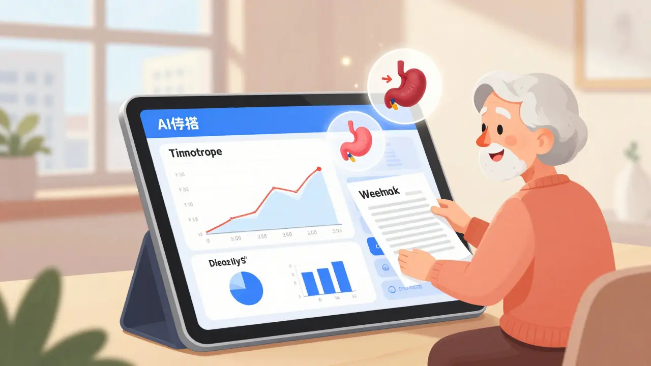 Elderly patient using AI titration app while holding a printed weekly dose chart.
