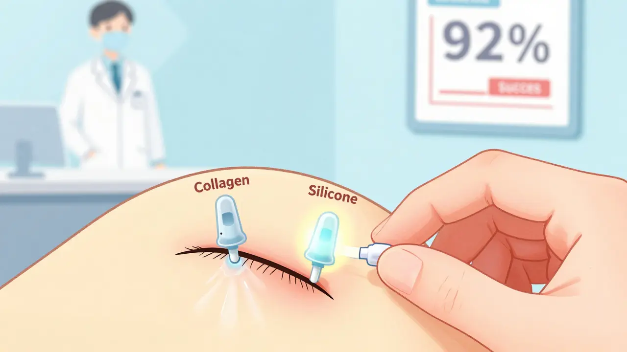 Eyelid with two types of punctal plugs, one dissolving, one permanent, doctor’s office in background