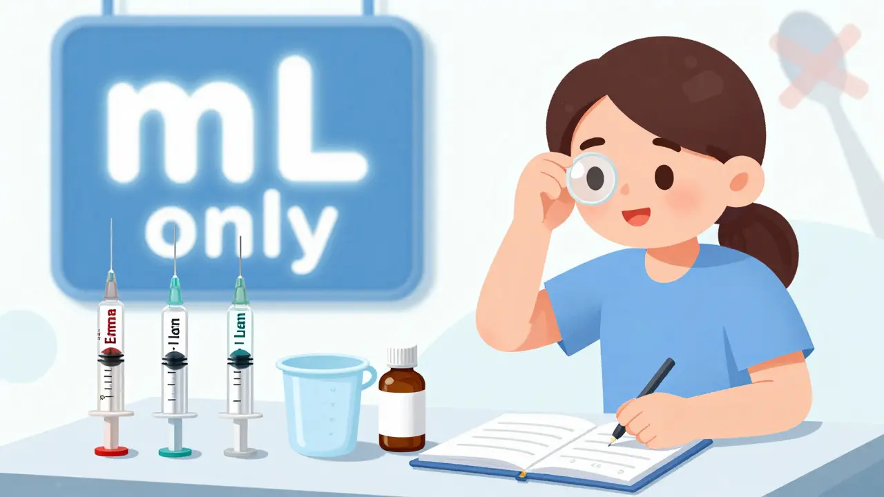 Family medicine station with labeled syringes, dosing cup, and notebook, measuring at eye level with 'mL only' sign.