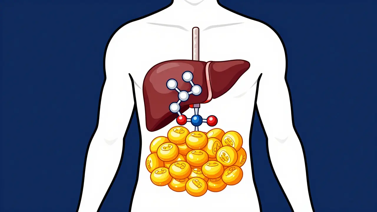 Human body with liver processing alcohol, fat cells accumulating, blocked fat burning