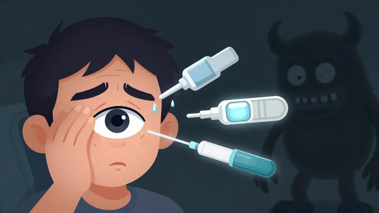 Patient experiencing uveitis pain with visual representations of treatments and systemic causes emerging from the eye.