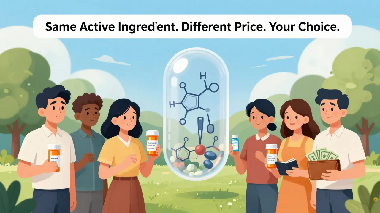 People in park holding generic vs branded pills, transparent pill shows same ingredients, banner says 'Same Medicine, Different Price.'