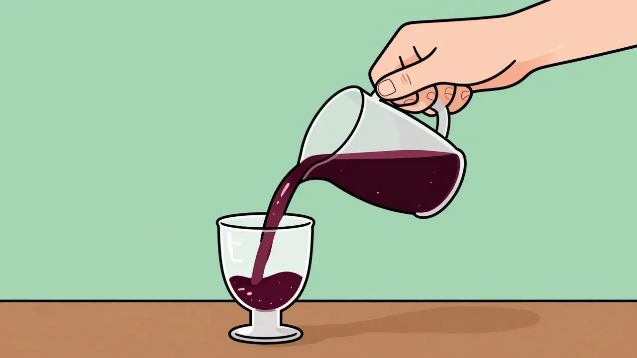 Person measuring wine pour with cup to standard 5-ounce serving