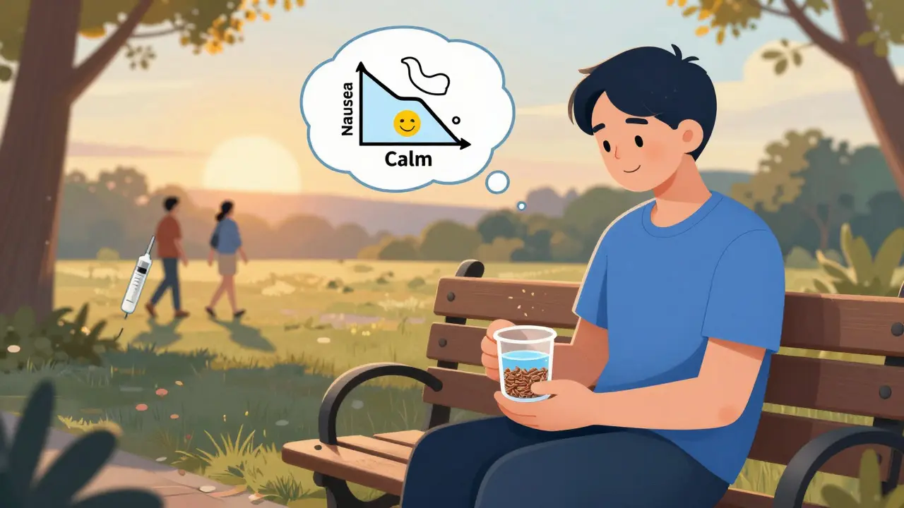 Person relaxing at sunset with flaxseed and water, symbolizing improved digestion over time.
