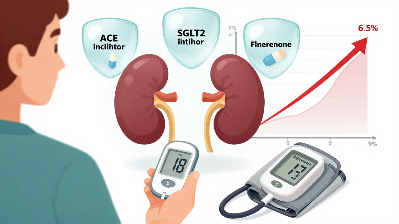 Person with diabetes protected by three kidney-saving medications and lowering HbA1c