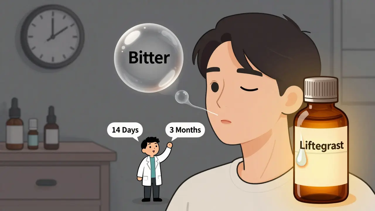 Person with metallic taste bubble rising, lifitegrast bottle beside bedside clock showing night time