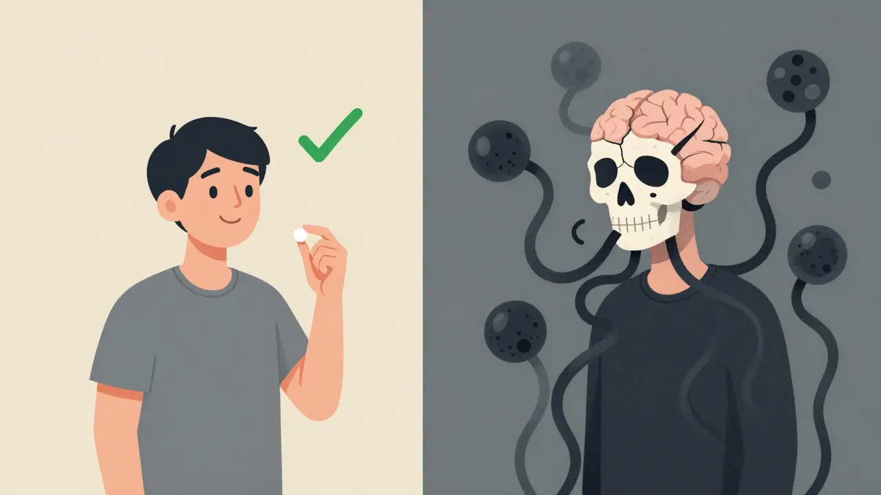 Split image: one pill with green checkmark vs. same person choked by dark drug tentacles, brain stopped inside skull.