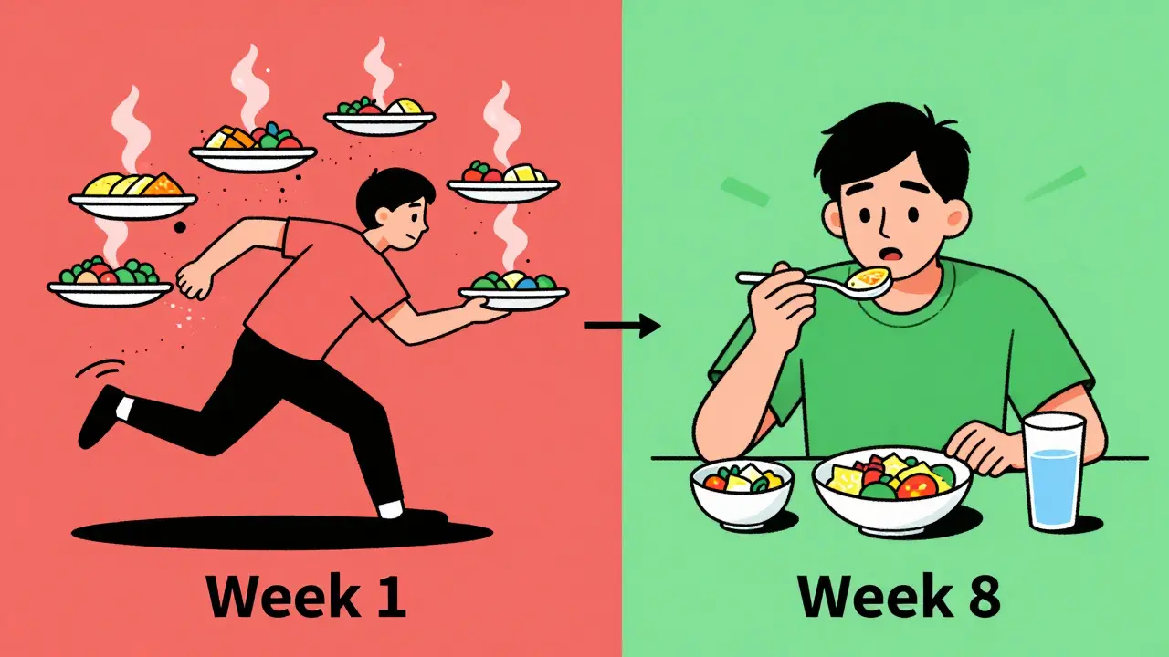 Split scene comparing chaotic large meals to calm small meals for GLP-1 side effect management.