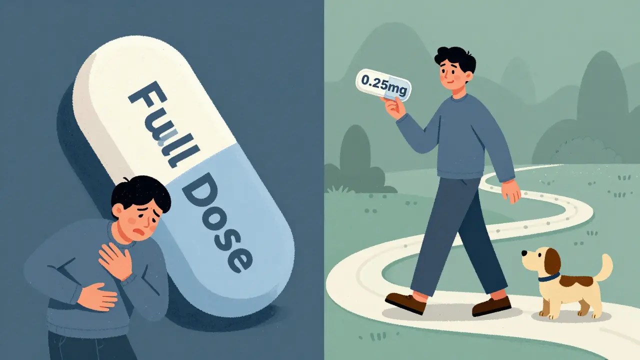 Split scene: person in distress with full dose pill vs. same person walking happily with small dose pill.