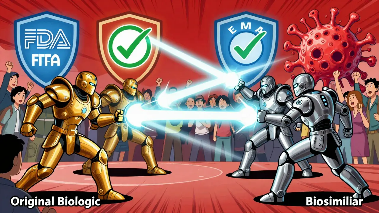 Two armies representing brand and biosimilar drugs fighting a tumor, with FDA and EMA shields glowing as patients cheer in the background.