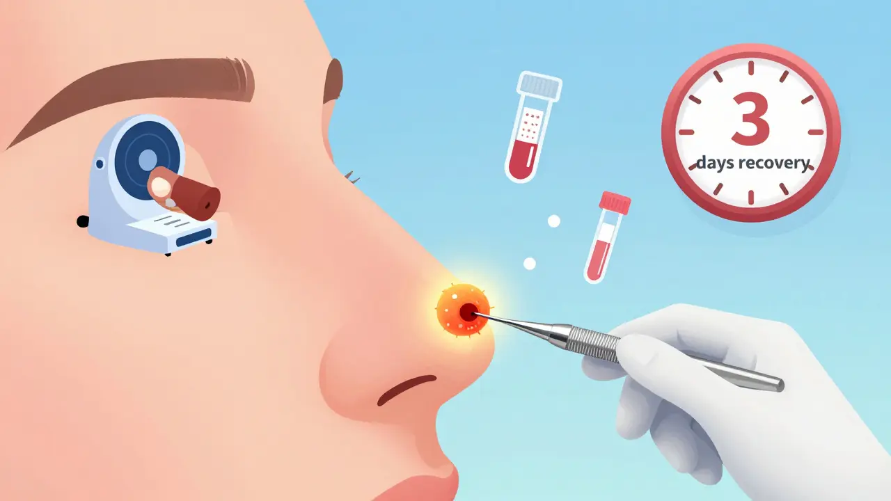 A cartoon surgery through the nose removing a pituitary tumor, with icons showing MRI, eye test, and blood work for recovery.