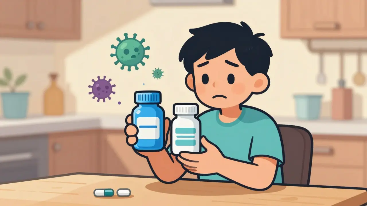 Cartoon patient holding antibiotic and antacid bottles with confused expression.