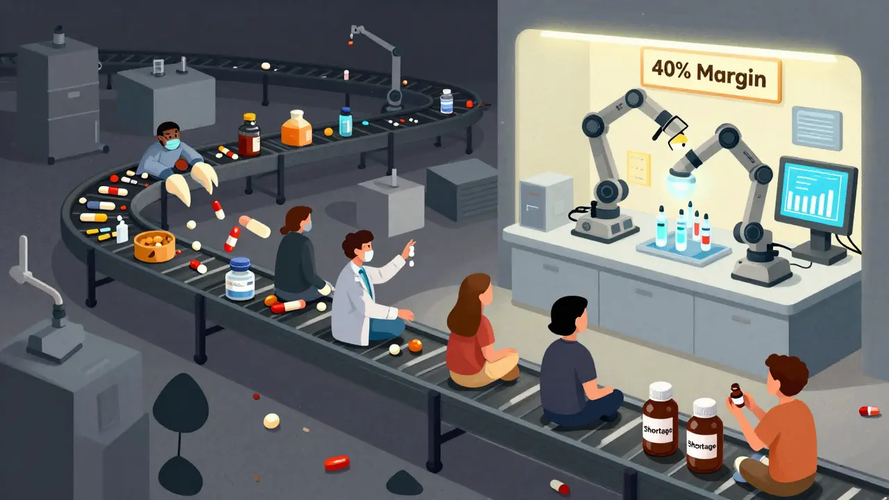 Chaotic U.S. drug supply chain with PBMs squeezing profits vs. a clean, glowing facility producing high-margin complex generics.