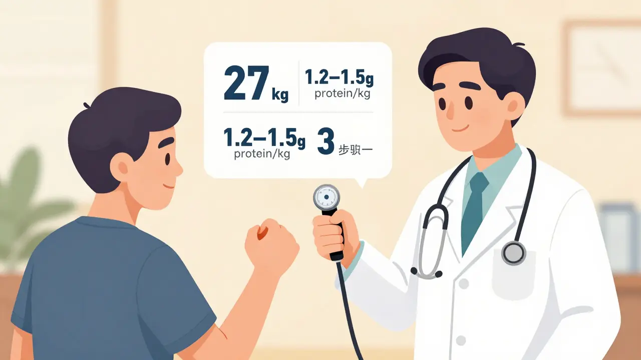 Doctor measuring handgrip strength of a COPD patient, with visual indicators showing protein needs and training frequency.
