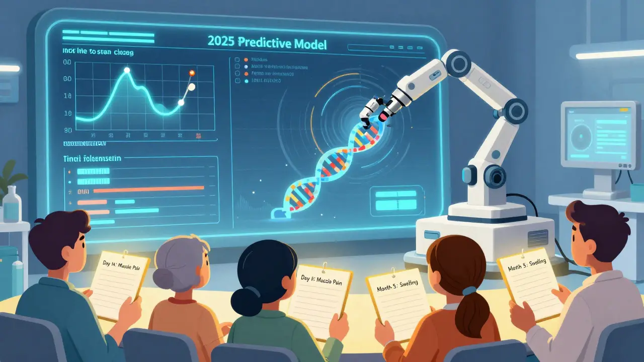 Futuristic medical dashboard tracking drug side effect patterns with DNA analysis and patient logs.