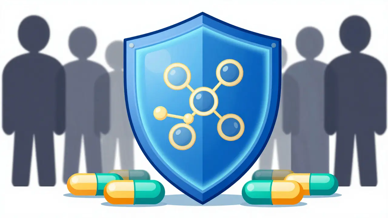 Glowing shield protecting pills from shadowy skeptical figures