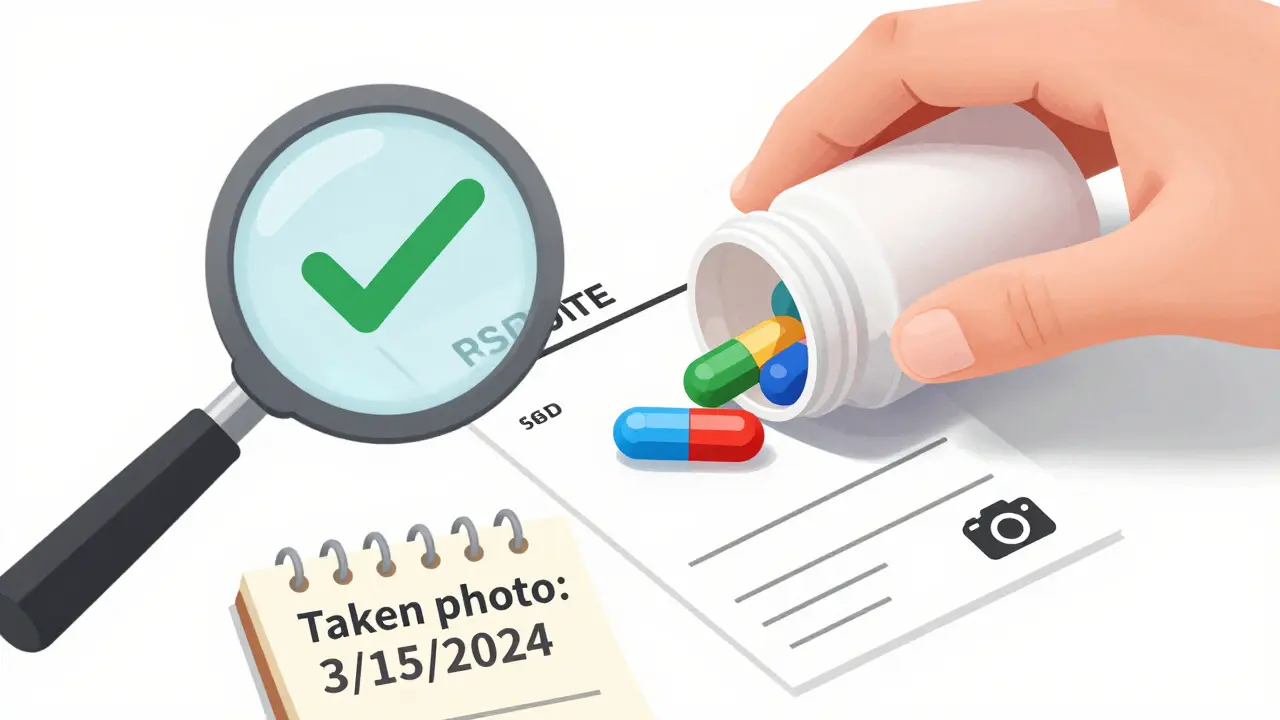Hand holding open pill bottle next to prescription label, with magnifying glass and photo note for safety verification.