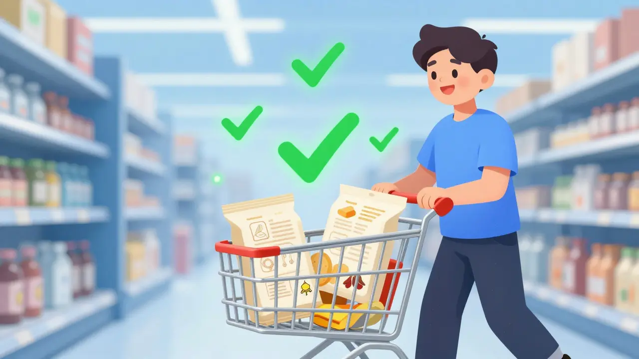 Happy shopper with safe food items and green approval symbol