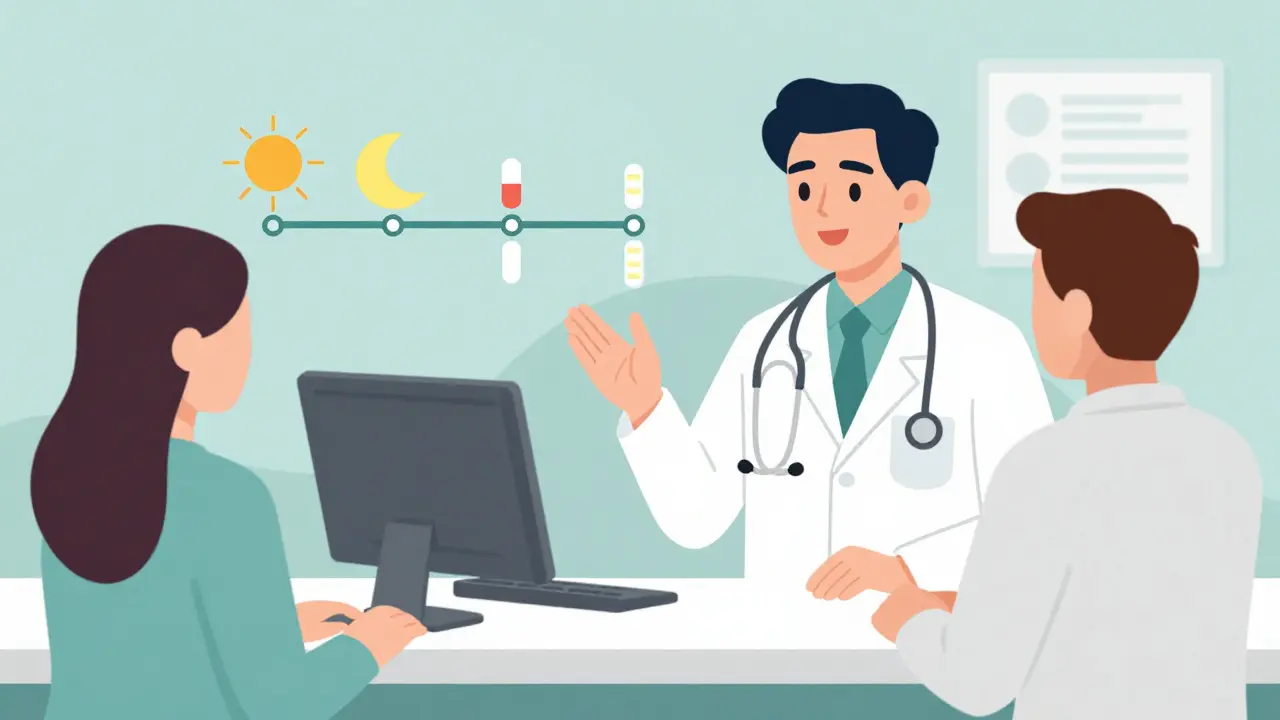 Healthcare provider discussing medication timing with a customer.