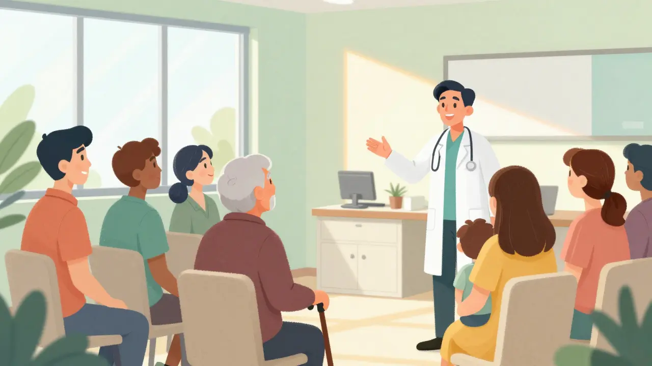 Healthcare provider talking to diverse group of patients in office