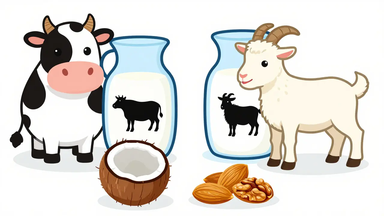 Illustration showing distinct milk types and nut varieties separated