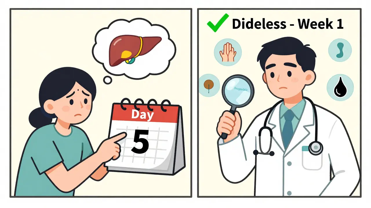 Patient and doctor discussing side effects of pregabalin, with visual cues for dizziness and liver concerns.