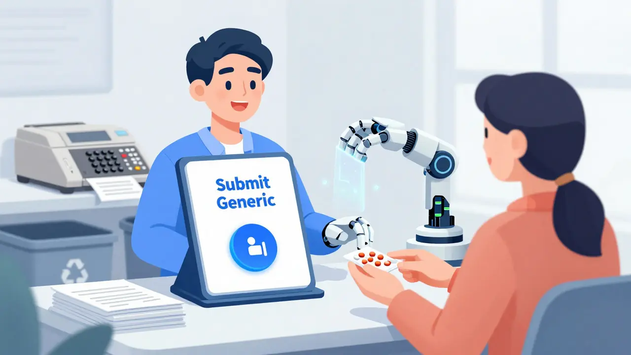Provider clicks once to submit generic drug request, AI system delivers full prescription instantly with old paperwork being recycled.