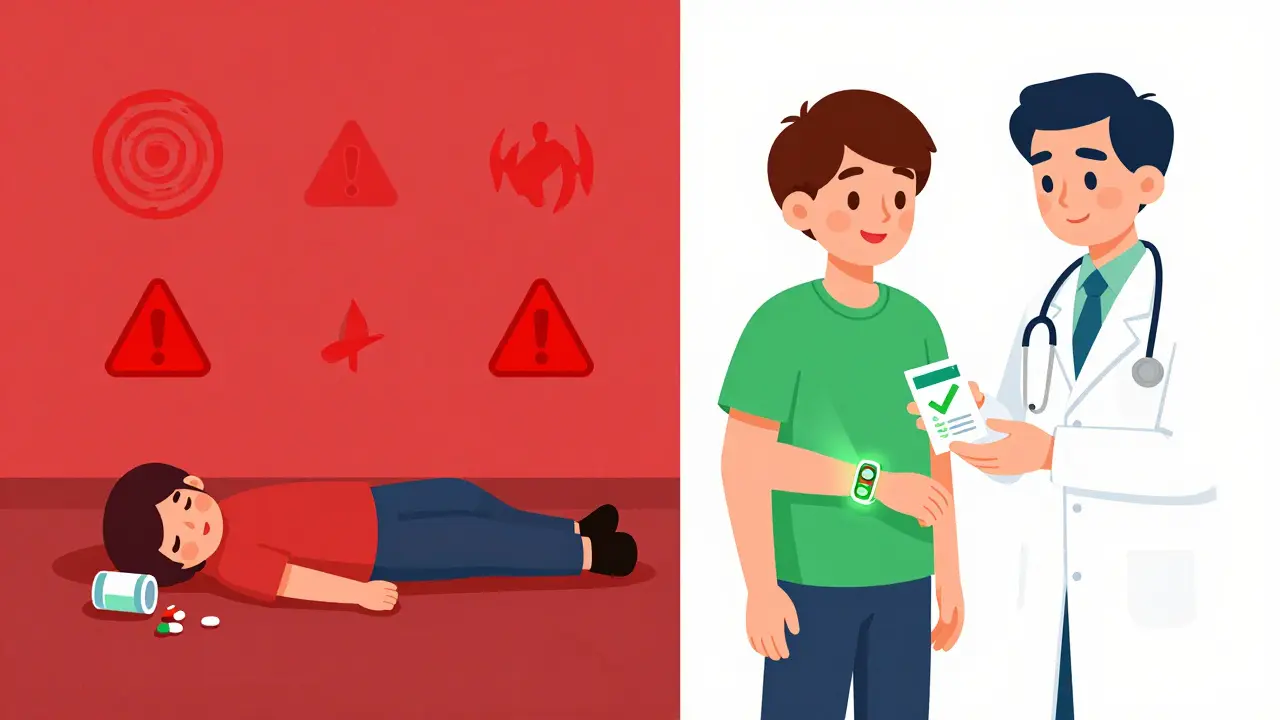 Split scene: one side shows medical emergency from drug reaction, other shows safe prescription with gene checkmark