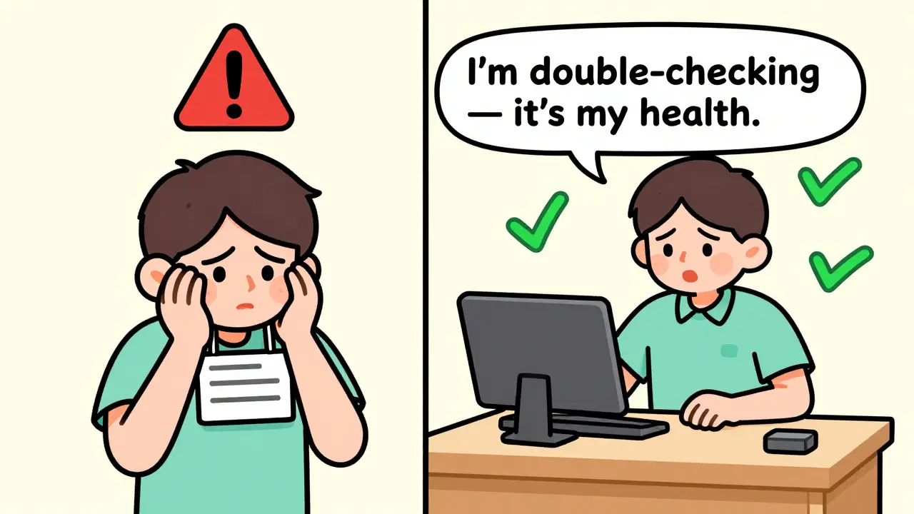 Split scene: one side shows neglect of medication label, other shows confident patient asking questions for safety.