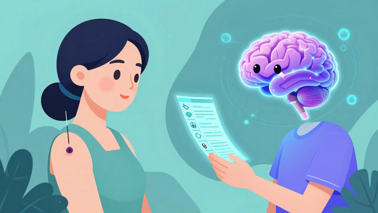 A conceptual image showing a patient receiving acupuncture alongside an AI health analysis.