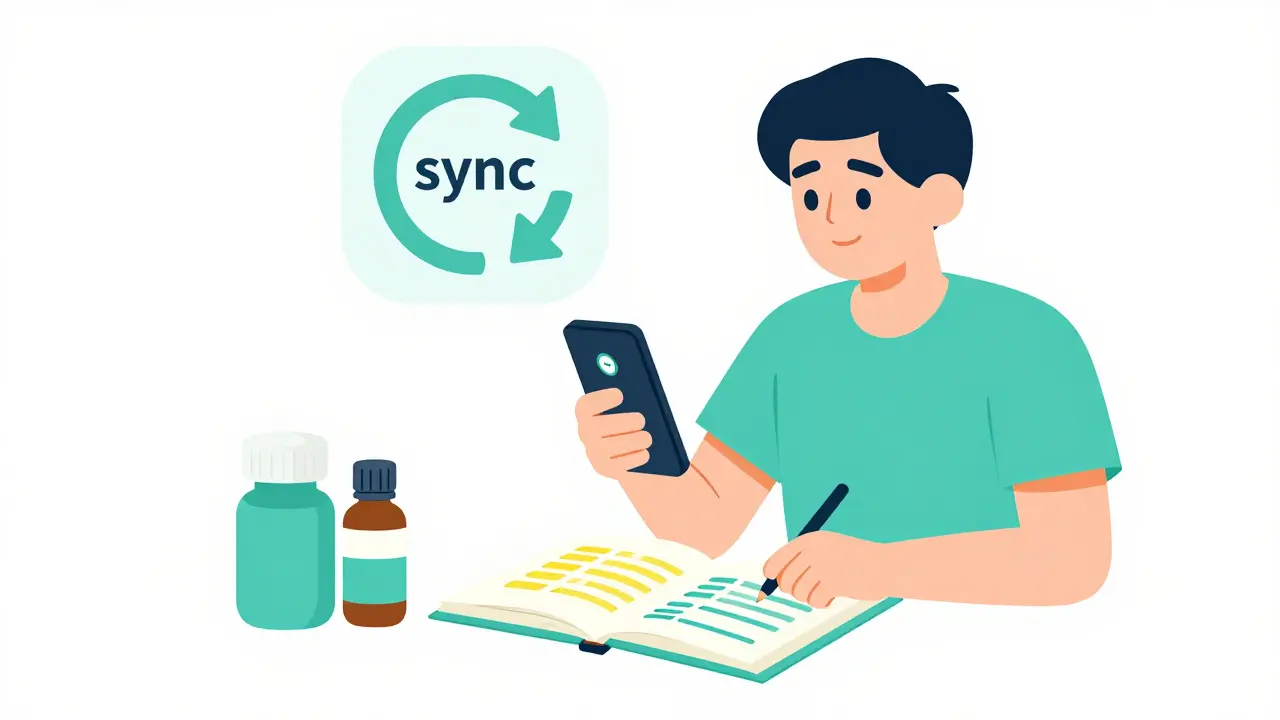 A person using a phone and notebook to organize medication dates and refill reminders