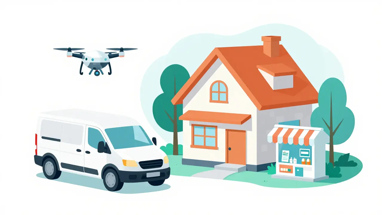 Cartoon showing a delivery van and drone bringing medication to a modern home.