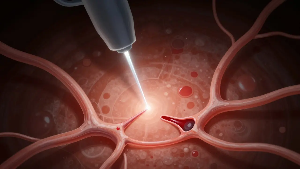 Close-up of a medical laser treating a damaged retinal blood vessel.