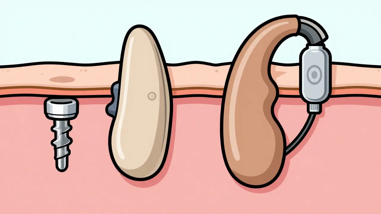 Comparison of a visible titanium post hearing aid and a hidden magnetic implant hearing aid.