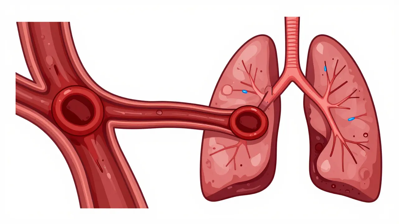 Diagram showing a blood clot moving from a leg vein to the lung artery